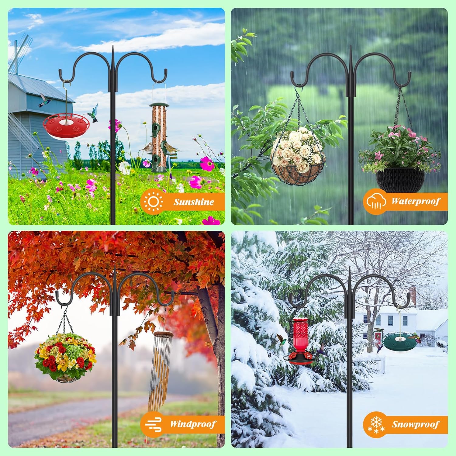 Heavy Duty Shepherds Hook 76" Double Hooks Adjustable (44/60/76") - Alloy Steel 5-Prong Base, 17Lb Capacity - Easy Assembly Bird Feeder Pole For Hanging Planters, Lanterns, Wind Chimes