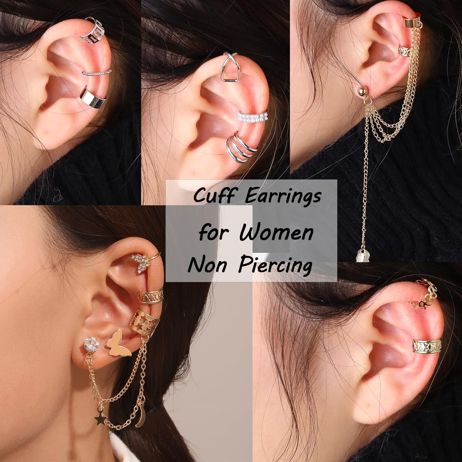BESTEEL 66Pcs Ear Cuff Earrings for Women Non Piercing - 14K Gold Plated Ear Cuffs Adjustable Non Pierced Clip On Cartilage Conch Earring Stacks CZ Star Butterfly Ear Wraps Fake Piercings Earings Gift