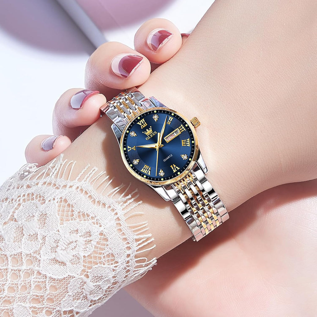 Olevs Luxury Ladies Watches,Women'S Watch With Day And Date,Female Watch For Small Wrist,Gold Stainless Steel Watches For Women,Easy Read Ladies Wrist Watches Waterproof（Adjustable Strap