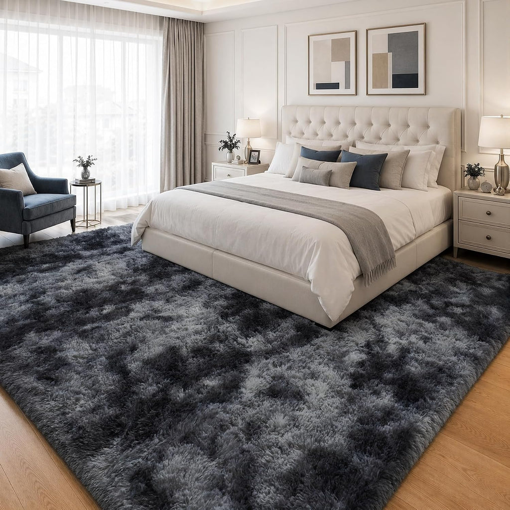8X10 Area Rugs For Living Room Bedroom: Black Grey Soft Fluffy Shag Upgrade Non-Slip High Pile Carpet Large Fuzzy Plush Indoor Floor Decor Shaggy Rug For Kid Boys Girls Playroom Nursery Modern Home