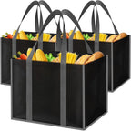 Spacewhisper Reusable Grocery Bags With Long Handles [3 Pack] - Multipurpose Shopping Bags For Groceries, Foldable Grocery Totes Resist Water & Stains For Kitchen, Car Trunk, Picnic (Black)
