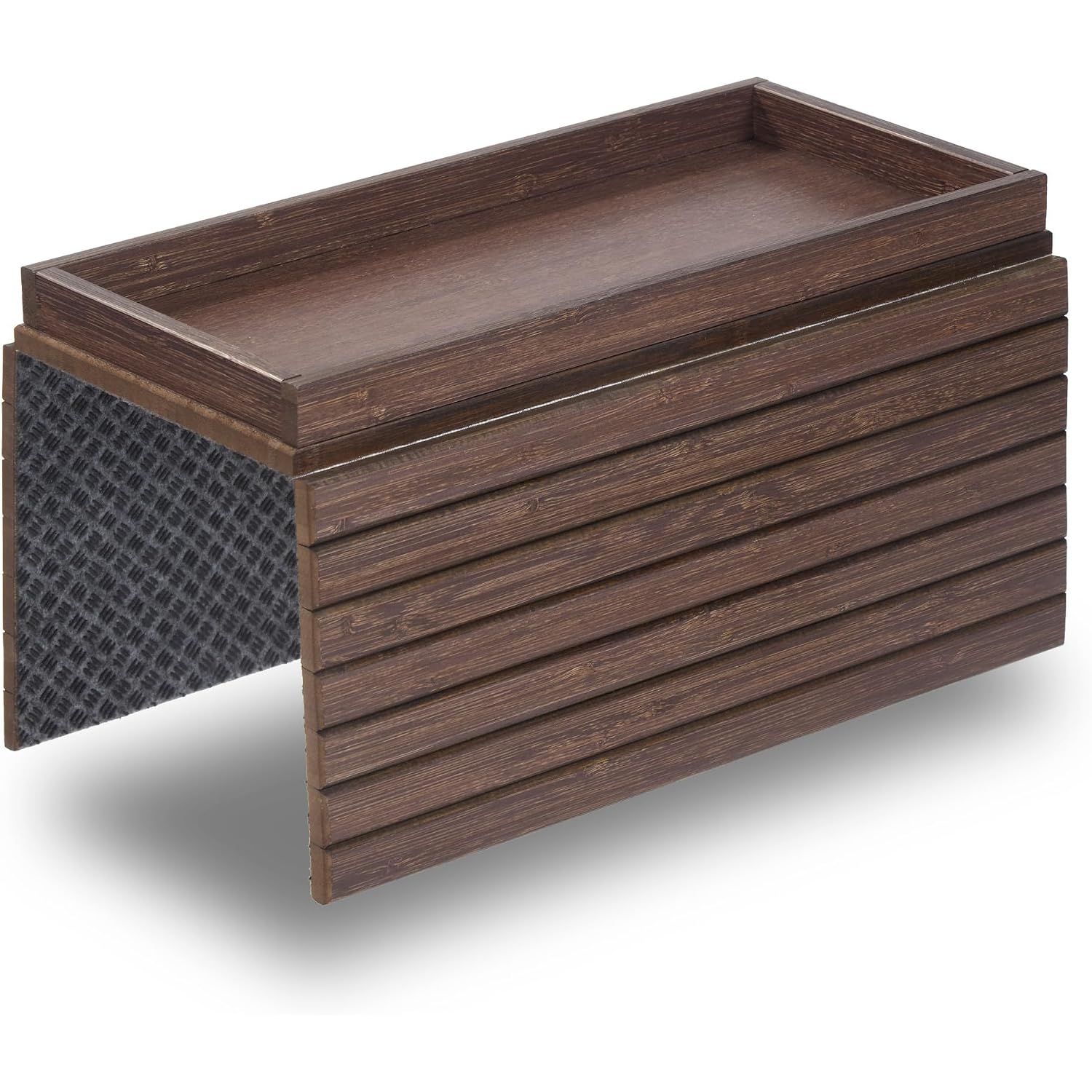 Detor Couch Arm Tray With Spacious 12.4" X 5.4" Storage Box, Walnut Bamboo Finish, Enhanced Non-Slip Felt Bottom, Sturdy Bamboo Slats, Fits Armrests 6" And Wider