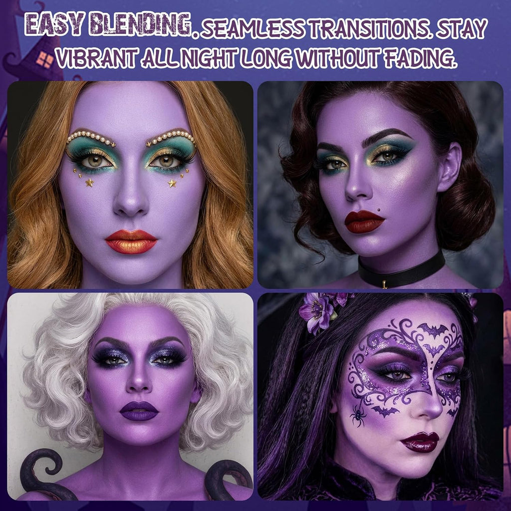 Bobisuka Purple Cream Face & Body Paint Palette Kit With 3 Brushes 3 Sponges, Highly Pigmented Easy To Blend Long Lasting Makeup For Ursula, Witch, Gothic Queen Celebrations Costume & Theme