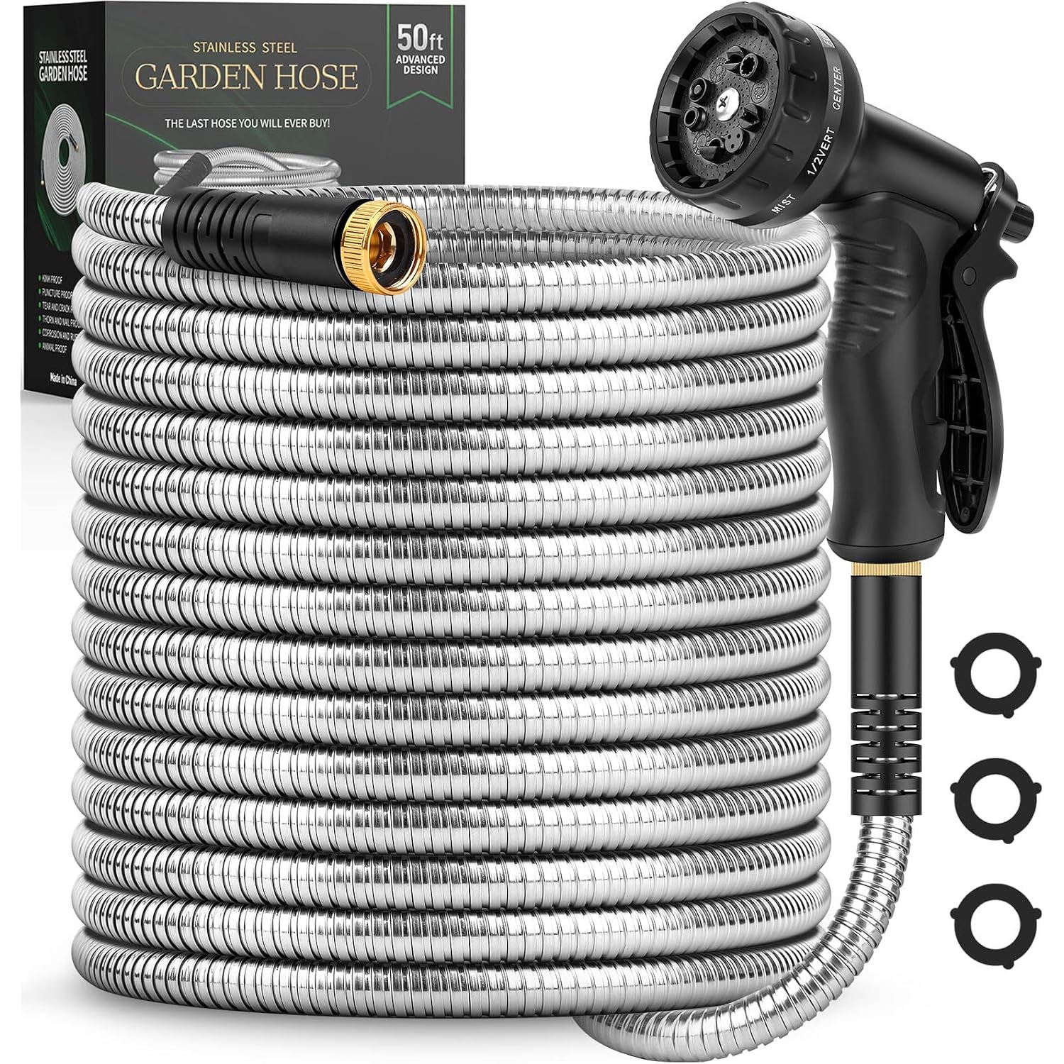 Garden Hose 50 Ft, Metal Stainless Steel Water Hose With 10 Function Nozzles, No Kinks, Flexible Hose, Lightweight, Puncture Proof, Heavy Duty Hose For Yard And Outdoor