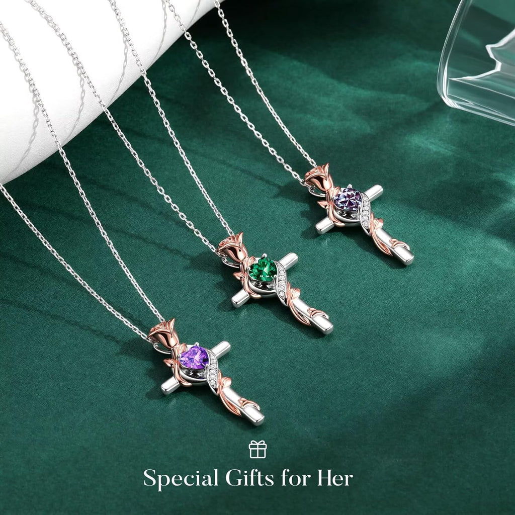 Iefil Mothers Day Gifts - 925 Sterling Silver Rose Cross Necklaces for Women, Birthday Mothers Day Gifts for Wife Mom Grandma