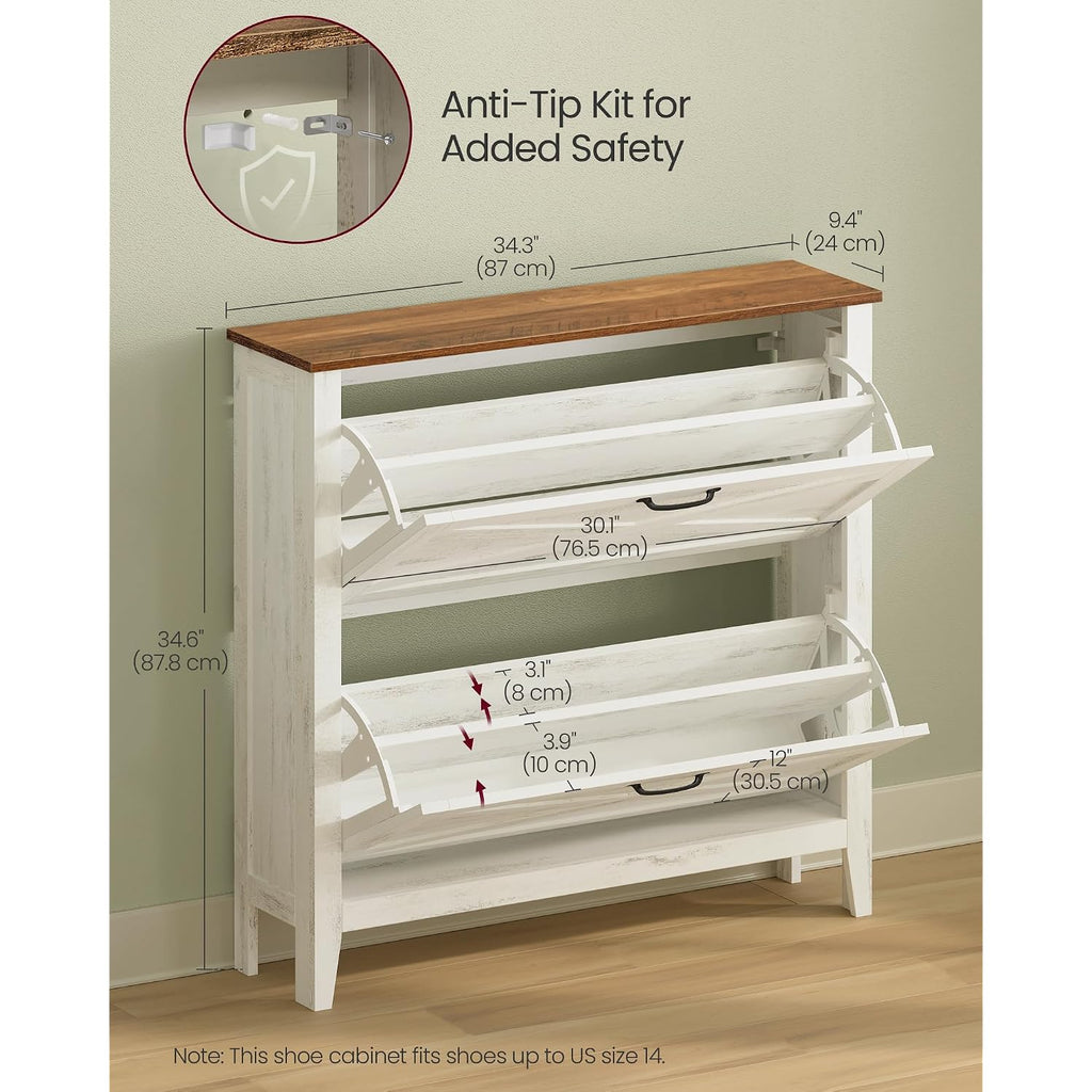 Vasagle Liry Collection - Shoe Storage Cabinet Organizer With 2 Flip Drawers, Freestanding Narrow Shoe Rack Cabinet For Entryway, Farmhouse Style, Fits 12 To 16 Pairs, Rustic White Uhsc201W01