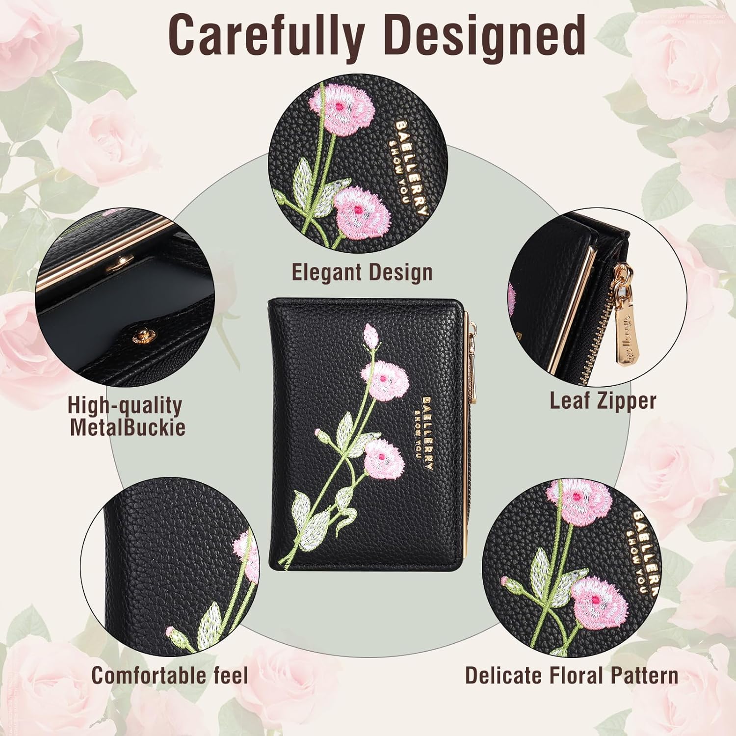 Small Wallet for Women -Bifold Embroidery Flower Wallet RFID Blocking PU Leather with Zipper Pocket for women girls(Black)