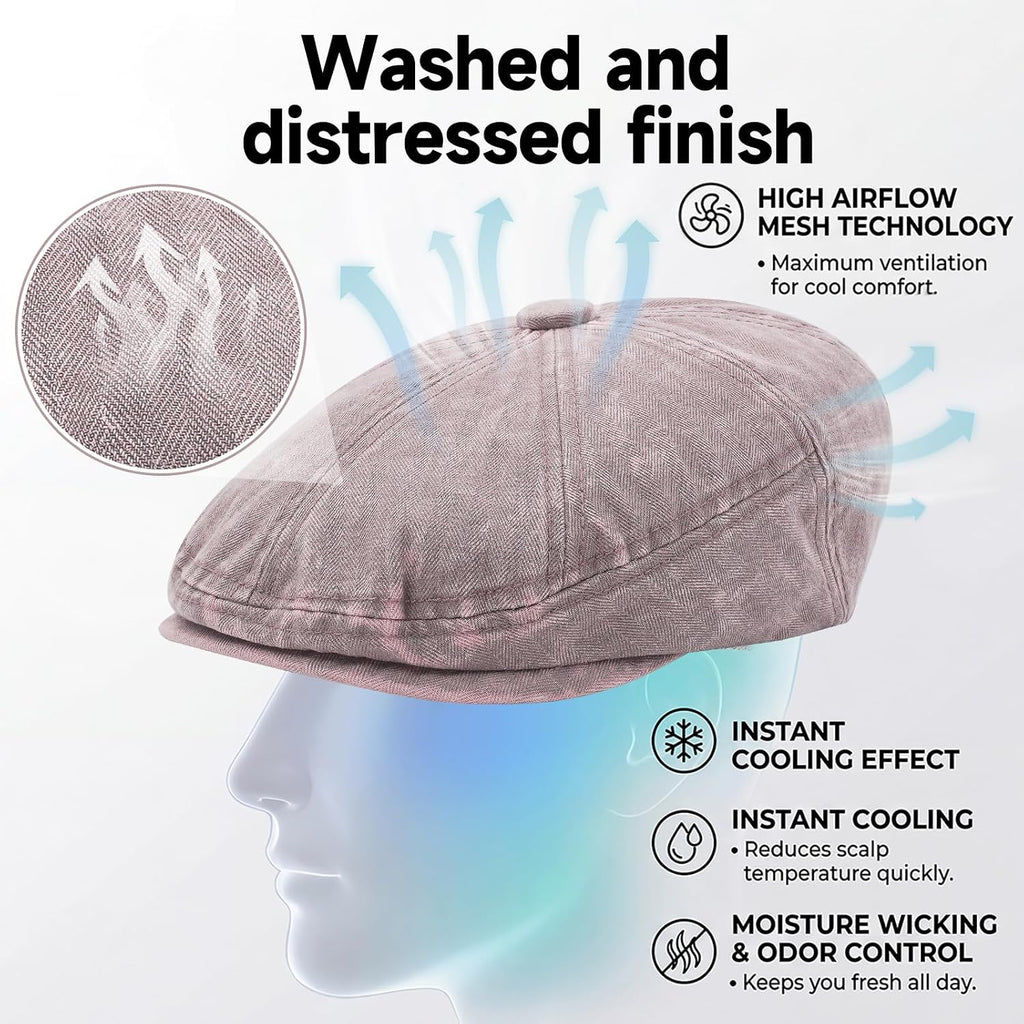 Newsboy Flat Cap for Men Women, Adjustable Washed Cotton Hat | 100% cotton, 8-panel Gatsby style, adjustable 57-60 cm fit for driving, golf, travel, and daily vintage looks. #B36-pink