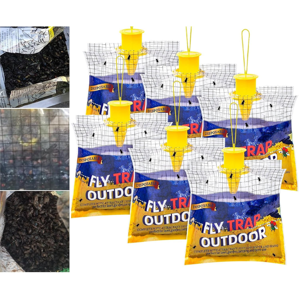 Disposable Fly Traps 6 Pack Bags Outdoor, Flies Catcher Traps With Natural Pre-Bait Refill Repellent, Reusable Stable Horse Ranch Trapper Outdoor Hanging Fly Killer Helps Control Flies