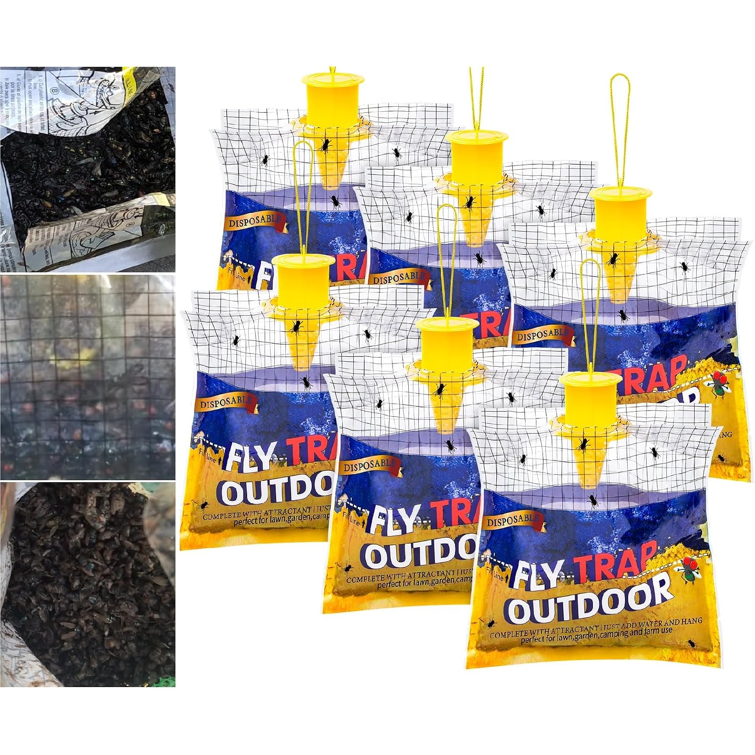 Disposable Fly Traps 6 Pack Bags Outdoor, Flies Catcher Traps With Natural Pre-Bait Refill Repellent, Reusable Stable Horse Ranch Trapper Outdoor Hanging Fly Killer Helps Control Flies
