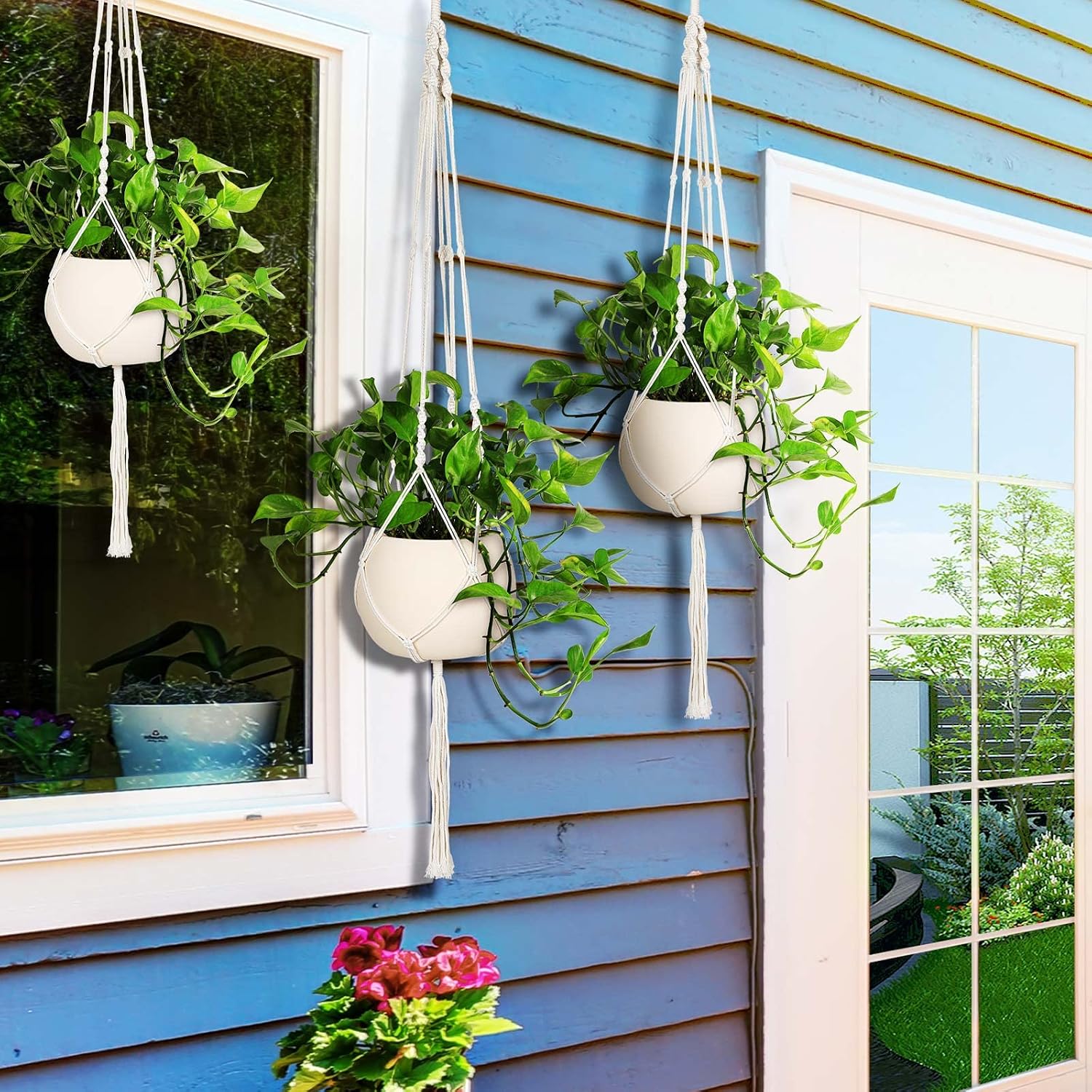 Mipon 3 Pack Macrame Plant Hangers, Hanging Planters For Indoor Plants | 3 Sizes (34"/41"/46") Handmade Cotton With Hooks, Boho Home Decor For Patio Balcony Living Room, Fits 5-10 Inch Pots