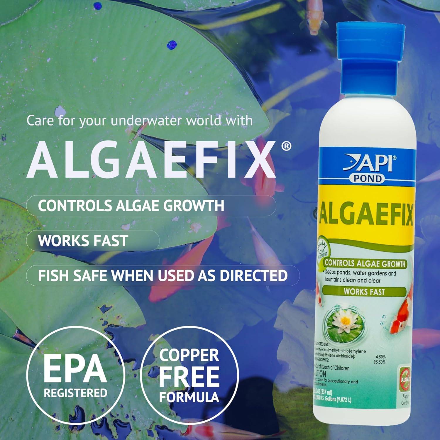 Api Pond Algaefix (32 Fl Oz) Pond Algae Control - Copper Free - Clean, Clear Water - Up To 9600 Gallons - Safe For Fish & Plants - Water Gardens, Fountains - Natural Active Ingredient - Epa-Registered