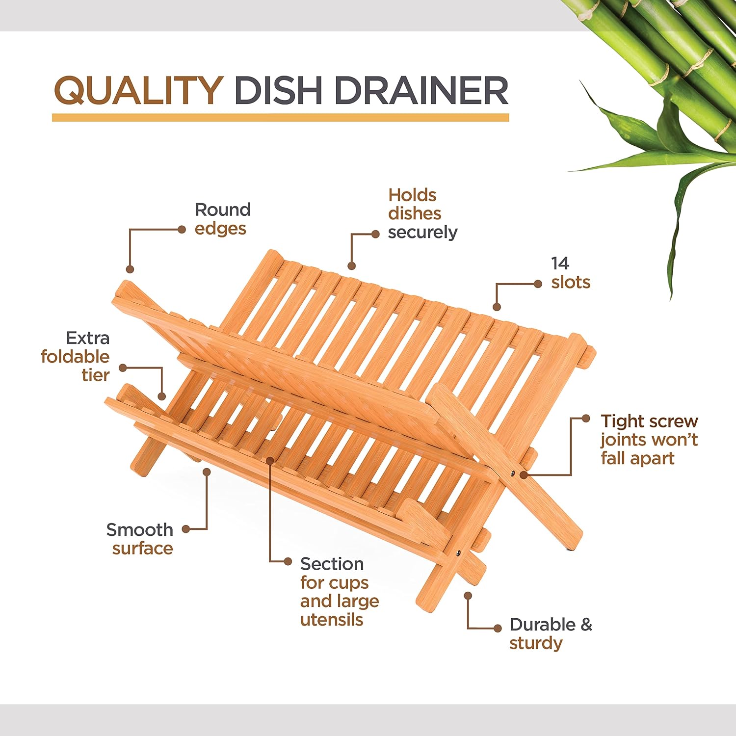 Bambüsi Collapsible Dish Drying Rack - 2 Tier Bamboo Dish Rack Dish Drainer For Kitchen Counter, Foldable Wooden Drying Rack For Plates Cups Bowls Utensils, No Assembly Folding Rack For Apartment, Rv