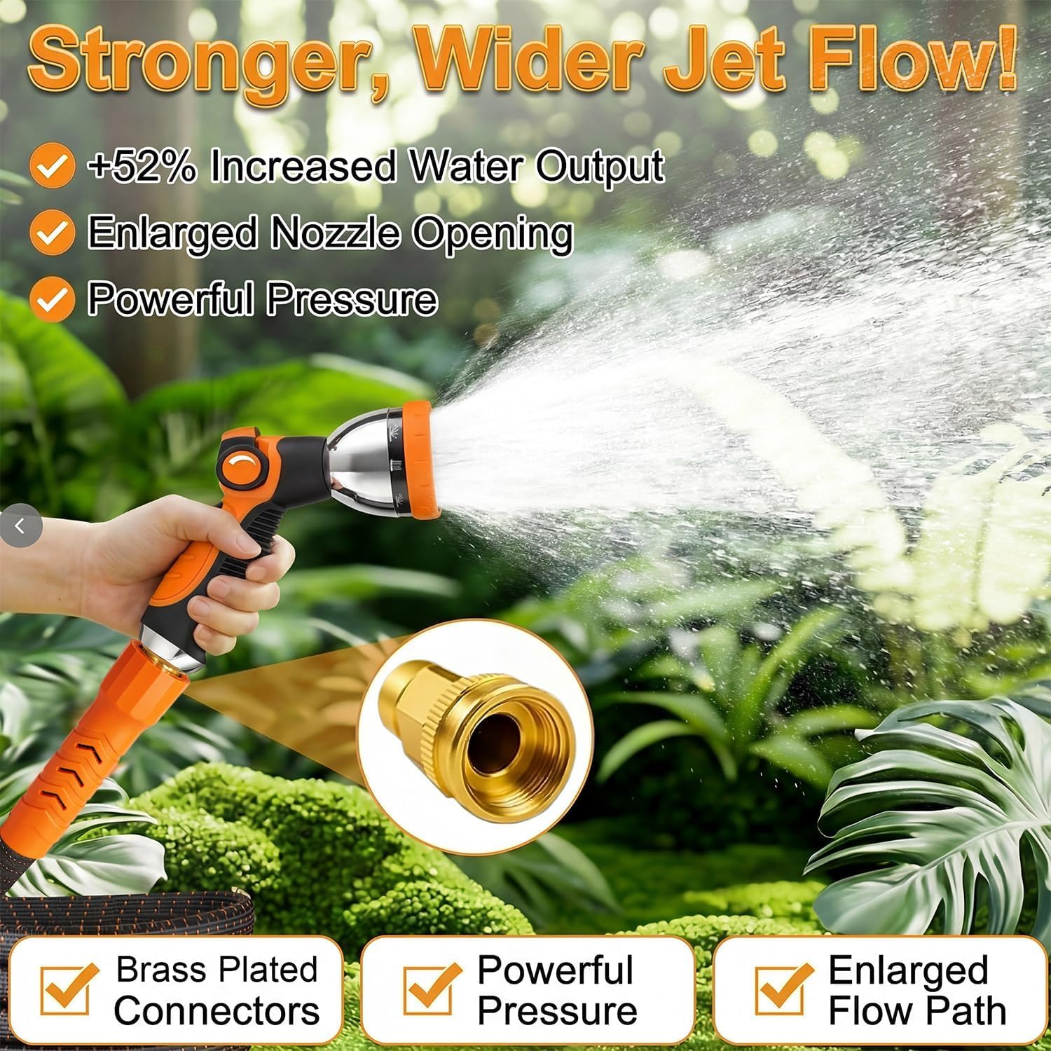 50Ft Flexible Garden Hose & 10Modes Nozzle,Lightweight Water Hose,Kink-Free,All-Weather Heavy Duty Hose For Rv,Boat,Car Wash,Garden,Yard,Camper,Outdoor (Orange-Black, 50 Feet)