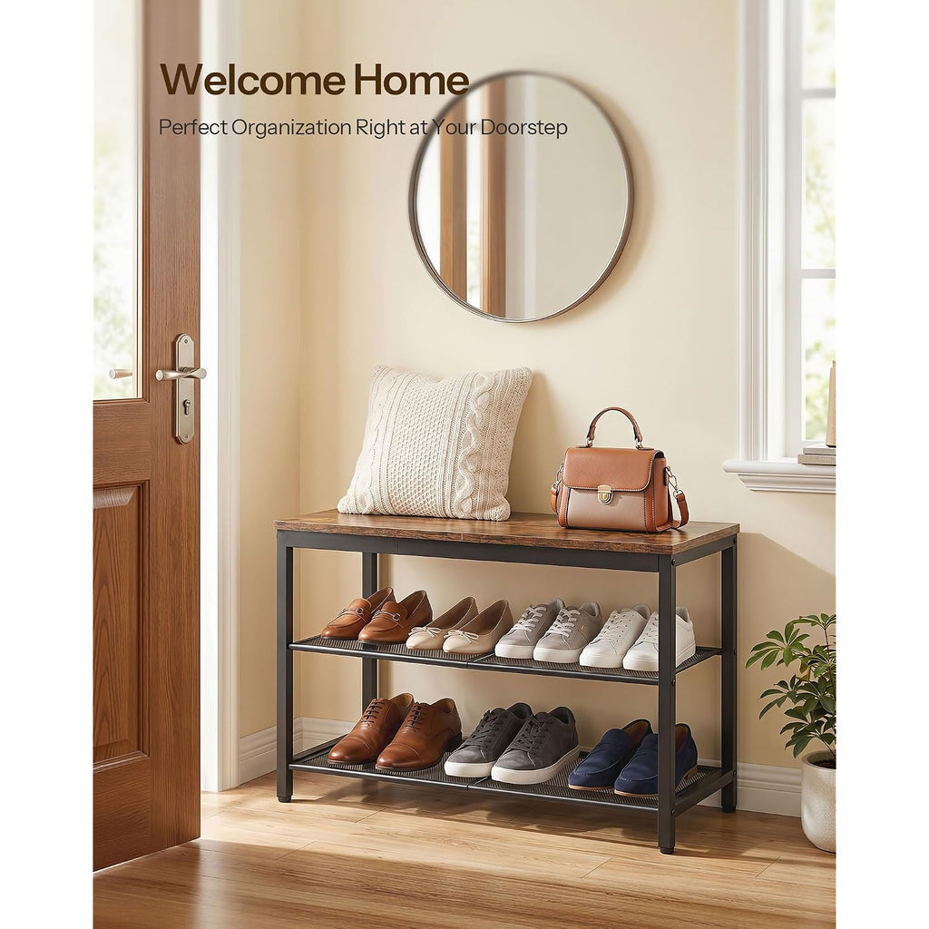 Hoobro Shoe Bench, 3-Tier Shoe Rack, Industrial Shoe Organizer Storage Bench, 29.5 Inches Entry Bench With Mesh Shelves, For Entryway, Living Room, Hallway, Easy Assembly, Rustic Brown Bf75Hx01