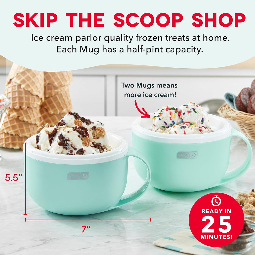 Dash My Mug Ice Cream Maker 2 Pack Bundle | Electric Countertop Soft Serve Ice Cream Machine, 2 Single Serve Half-Pint Freezer Mugs With Ingredient Chute & Recipe Guide, Compact, Aqua