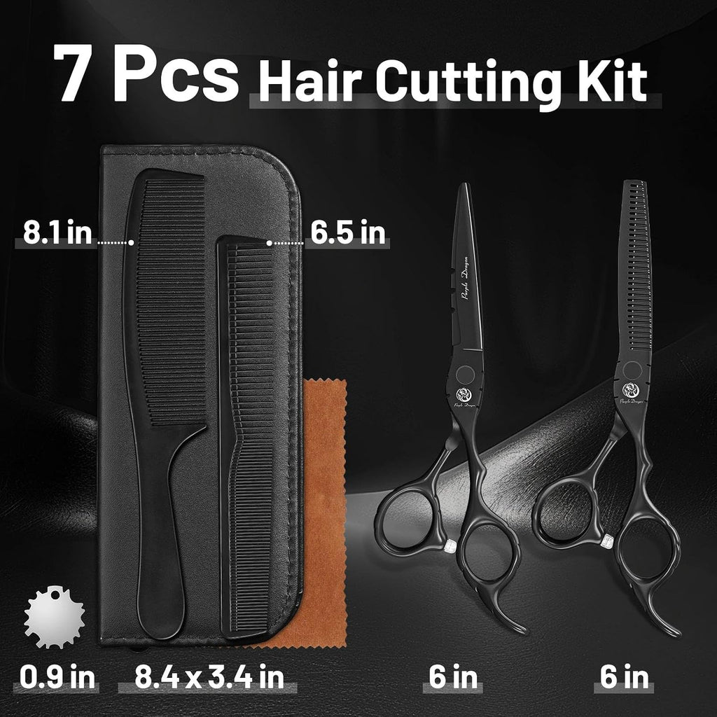 Purple Dragon Professional Japan 440C Hair Salon Cutting Shear And Barber Thinning Scissor Hairdressing Shear Set With Bag (Black, 6 Inch)