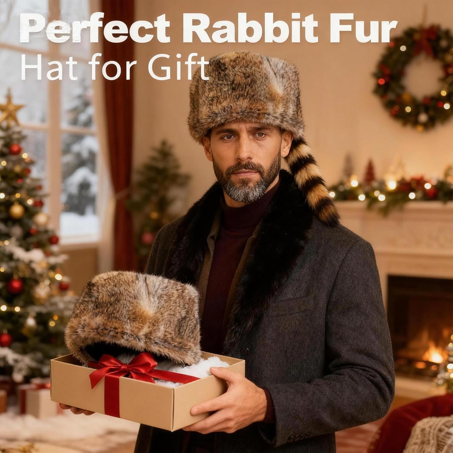 Real Raccoon Hat with Tail for Men Women Rabbit Fur Davey Crockett Coonskin Hat Russian Ushanka Fur Hats