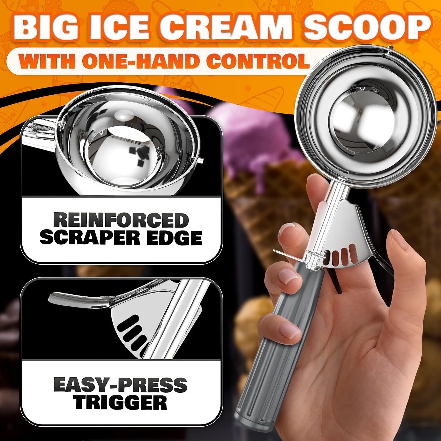 4 Oz Large Ice Cream Scoop With Trigger Release #8 - Stainless Steel Cookie Scoop For Baking, Ice Cream & Cookie Dough, Comfort Grip Handle, Easy Release, Dishwasher Safe, Gifts For Dessert Lovers