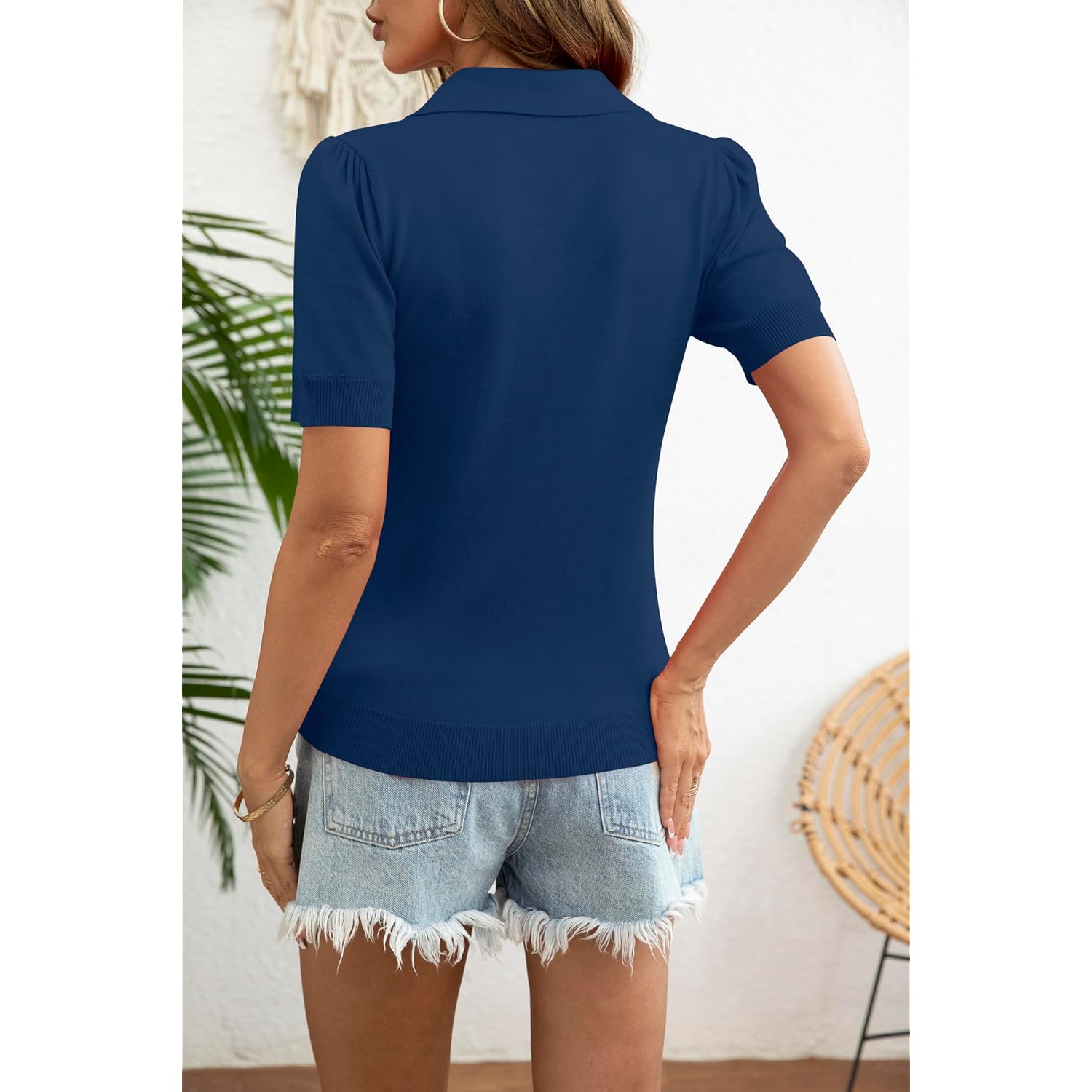 Womens Puff Short Sleeve Polo Sweater V Neck Knitted Tops Casual Ribbed Shirt Pullover Blouse