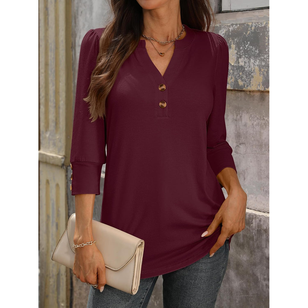 ANRABESS Womens Henley 3/4 Sleeve Tops, V Neck Comfy Fabric Shirts, Cozy for Work, Business, Trendy Versatile Casual Wear