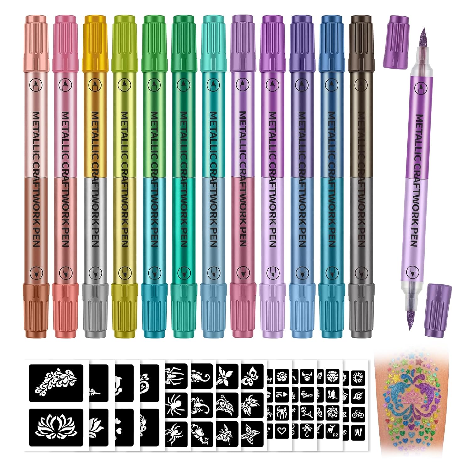 Temporary Tattoo Markers for Skin, 24 Colors (Two Colors Per Pen), 12 Dual Tip Body Markers + 95 Tattoo Stencils, Flexible Brush Tip, Skin-Safe, Cosmetic-Grade for Kids & Adults