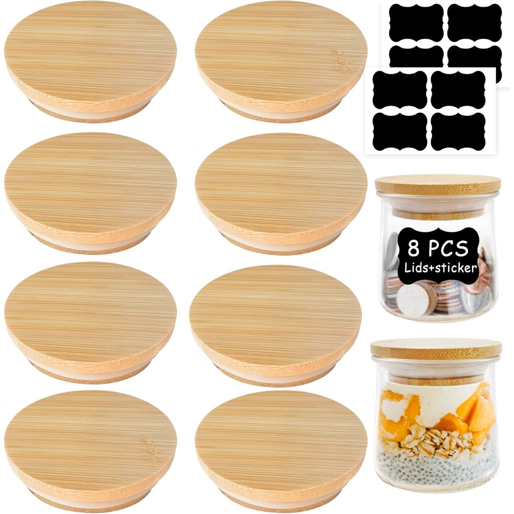 Oui Yogurt Jar Lids - 8 Pack Oui Lids-Natural Bamboo Wood with Silicone Sealing Rings and Oui Yogurt Bottle Label, For 5 Oz Oui Yogurt Jars