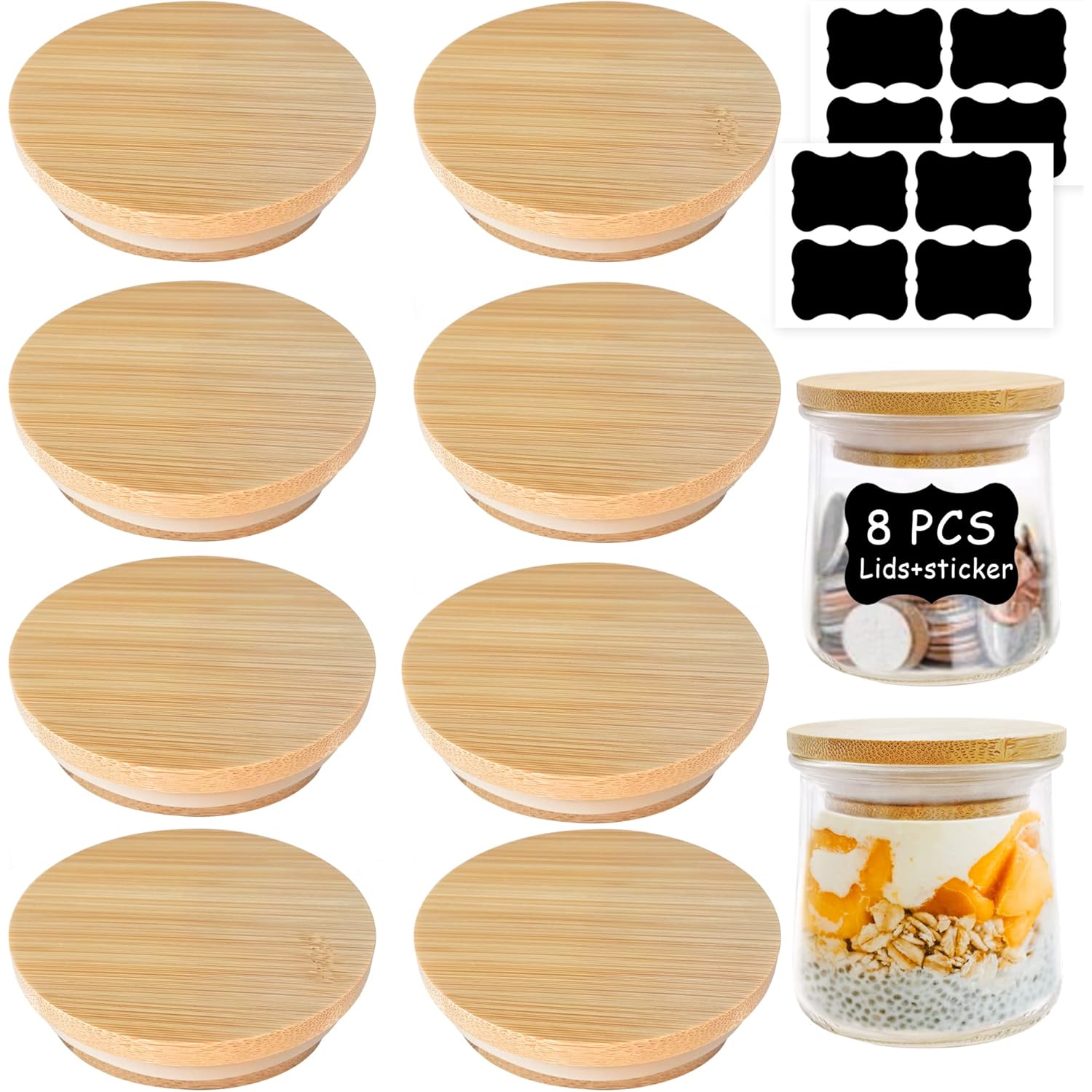 Oui Yogurt Jar Lids - 8 Pack Oui Lids-Natural Bamboo Wood with Silicone Sealing Rings and Oui Yogurt Bottle Label, For 5 Oz Oui Yogurt Jars