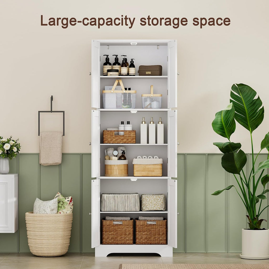 Choochoo 63.2" Tall Bathroom Storage Cabinet With 6 Doors | Freestanding Floor Cabinet, Adjustable Shelves, Pantry Cabinet For Bathroom, Kitchen, Laundry Room, White