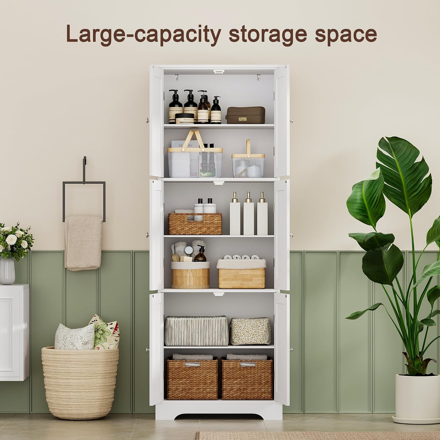 Choochoo 63.2" Tall Bathroom Storage Cabinet With 6 Doors | Freestanding Floor Cabinet, Adjustable Shelves, Pantry Cabinet For Bathroom, Kitchen, Laundry Room, White