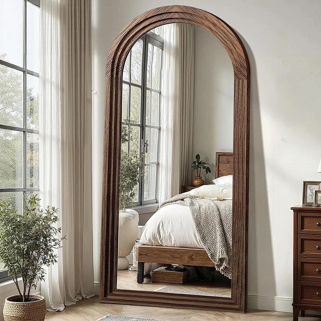 Arched Full Length Floor Mirror With Stand, 75X35 Rustic Farmhouse Solid Wood Frame Wall Mirror For Bedroom, Living Room, Vertical Hanging & Standing(Brown)