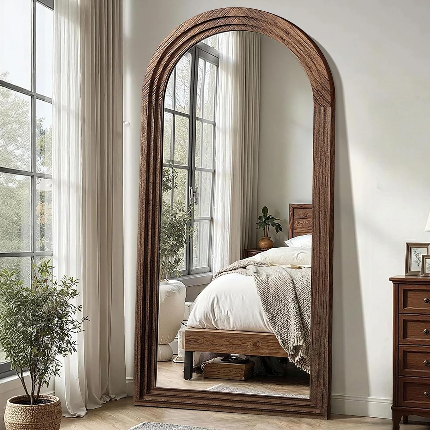 Arched Full Length Floor Mirror With Stand, 75X35 Rustic Farmhouse Solid Wood Frame Wall Mirror For Bedroom, Living Room, Vertical Hanging & Standing(Brown)
