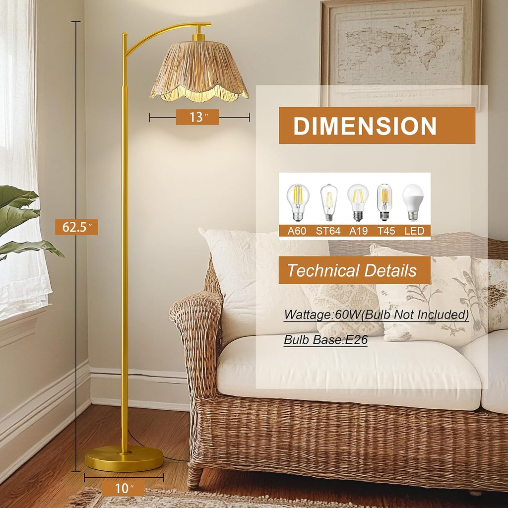 Arc Floor Lamp For Living Room,Rattan Boho Floor Lamp Decor With Hand-Woven Shade, Foot Switch,Gold Metal Base & Pole,Farmhouse Standing Lamp For Bedroom Corner,Reading