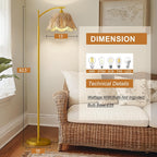 Arc Floor Lamp For Living Room,Rattan Boho Floor Lamp Decor With Hand-Woven Shade, Foot Switch,Gold Metal Base & Pole,Farmhouse Standing Lamp For Bedroom Corner,Reading