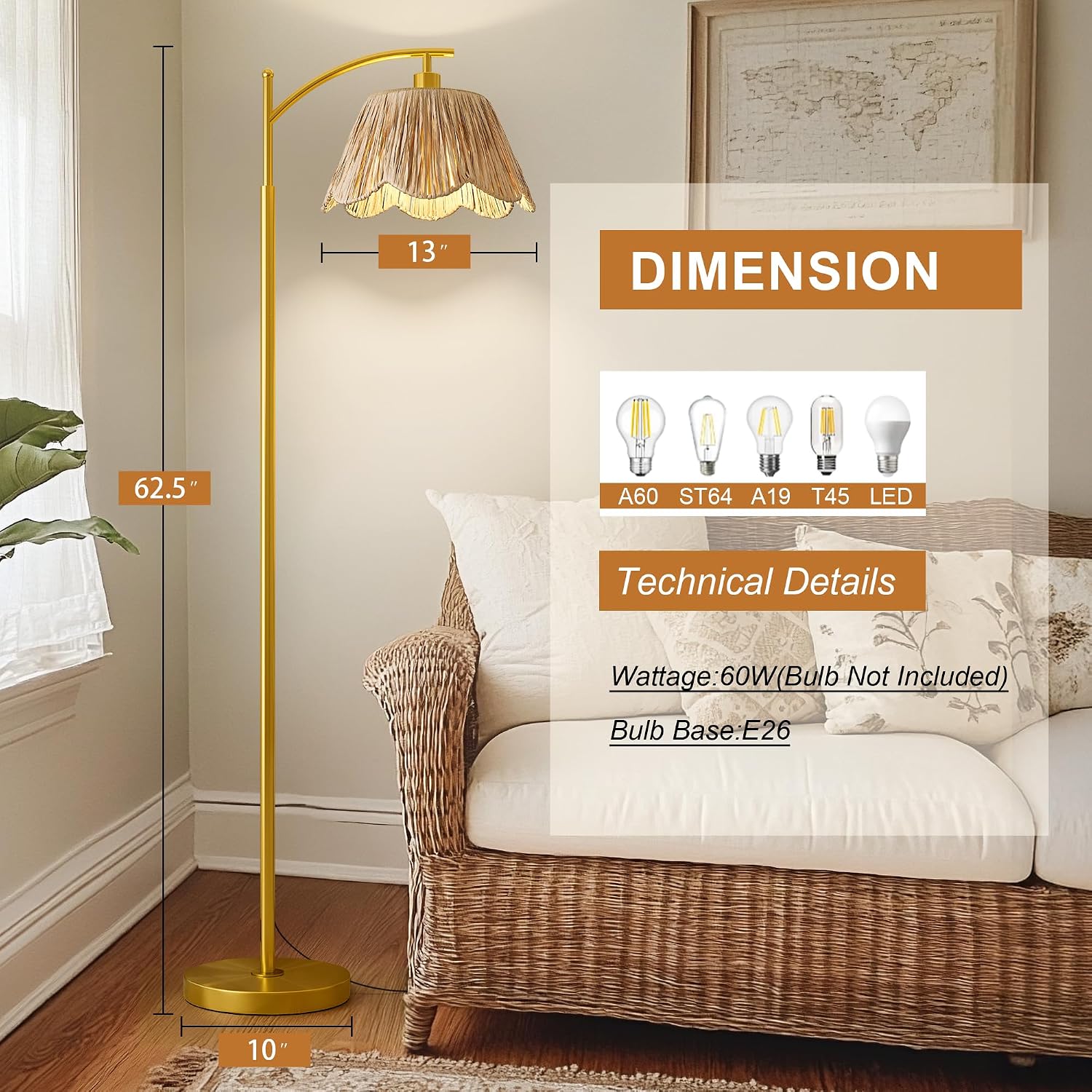 Arc Floor Lamp For Living Room,Rattan Boho Floor Lamp Decor With Hand-Woven Shade, Foot Switch,Gold Metal Base & Pole,Farmhouse Standing Lamp For Bedroom Corner,Reading