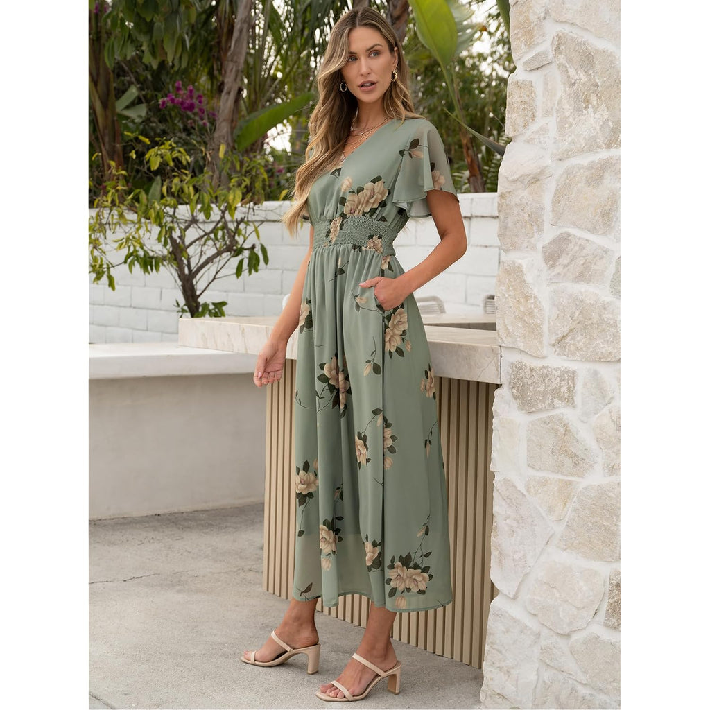 Anrabess Womens Summer Floral Maxi Dress Casual V Neck Short Sleeve Chiffon Boho Flowy Beach 2026 Wedding Guest Long Dresses
