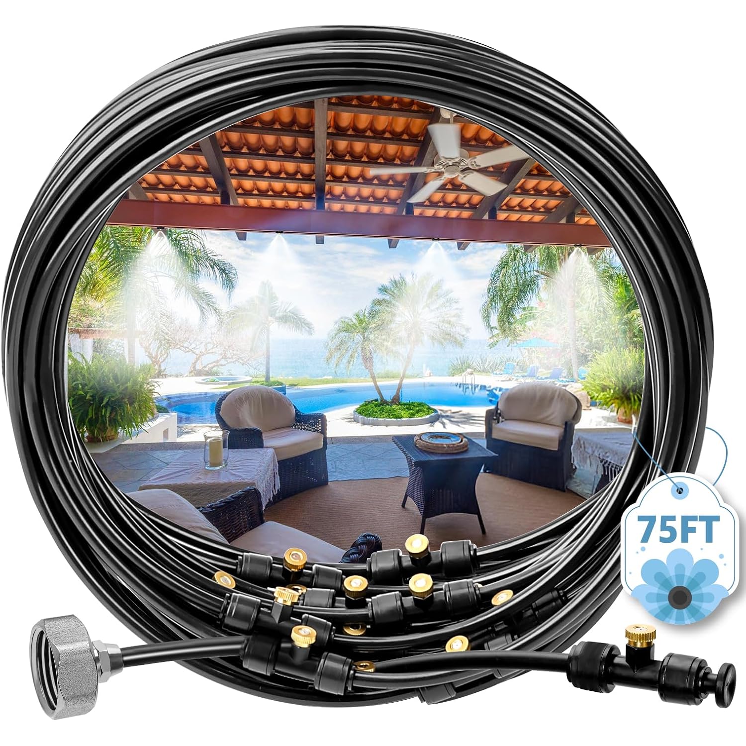 Mixc Misters For Outside Patio, 75Ft (23M) Misting Line+23 Mist Nozzles+3/4" Brass Adapter, Outdoor Misting Cooling System For Patio Backyard Garden Greenhouse Horse Corral
