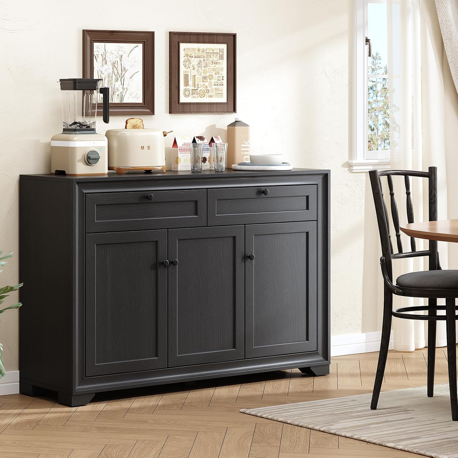 48 Inches Sideboard Buffet Cabinet With Storage, Farmhouse Sideboard With 2 Drawers And 3 Doors, Wood Coffee Bar Cabinet With Adjustable Shelves For Living Room, Kitchen, Hallway, Black
