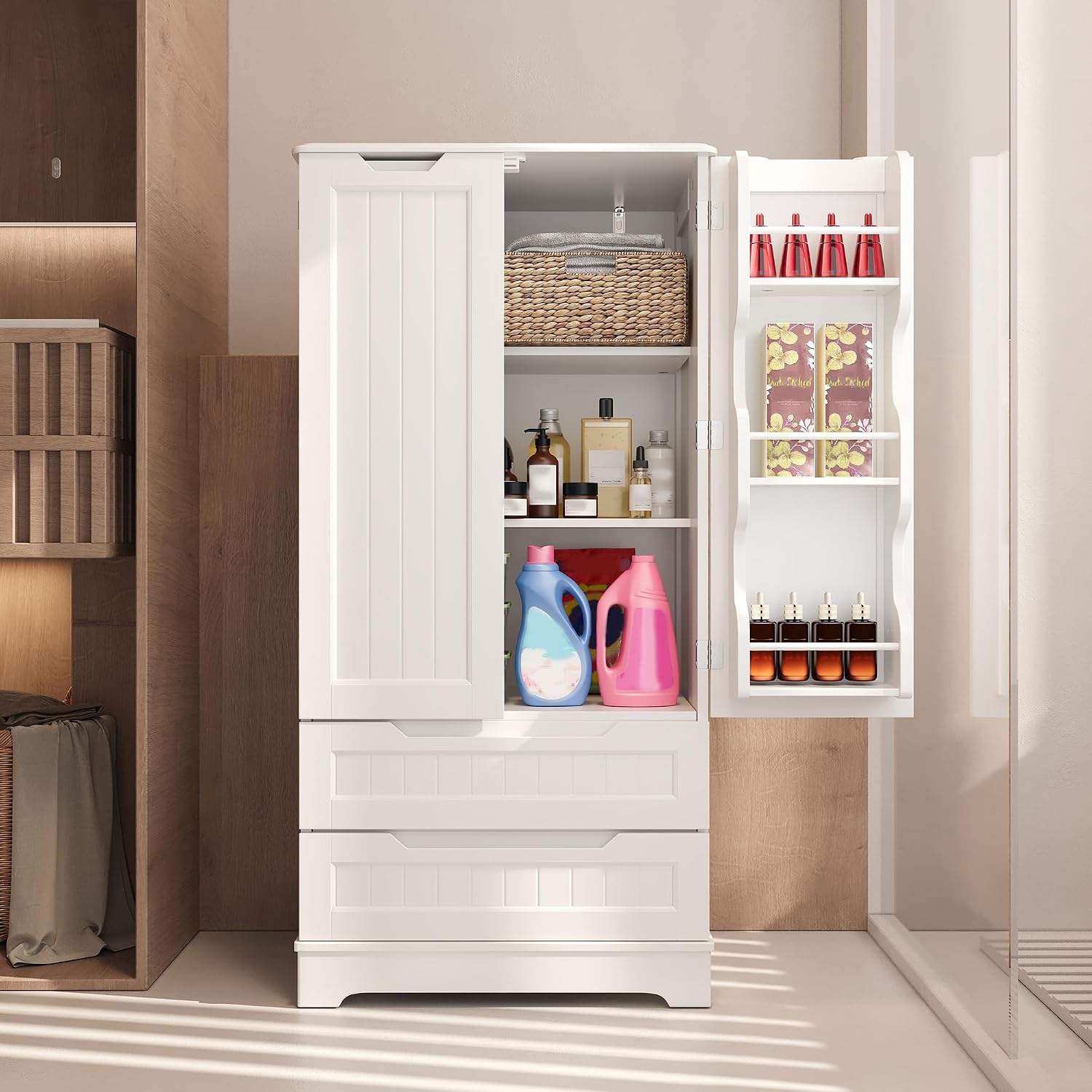 Gizoon Kitchen Pantry Cabinet With Drawers For Dining Room, 47" Small Food Pantry Storage Cabinet With 6 Door Shelves For Snack And Spice, Craft Storage Cabinet For Craft Room, White, Painted