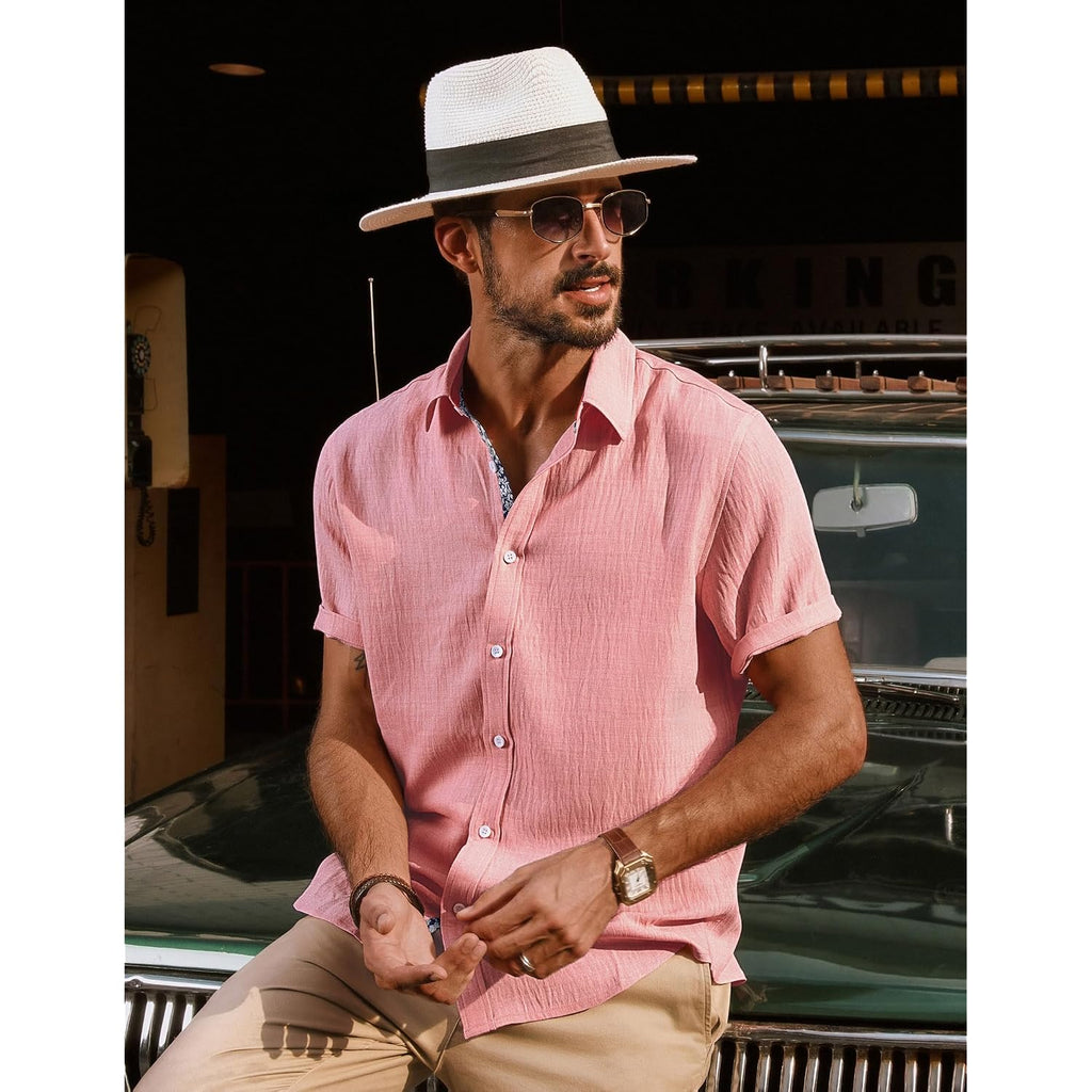 Pj Paul Jones Men'S Button Down Short Sleeve Shirt Casual Summer Beach Textured Wedding Shirts