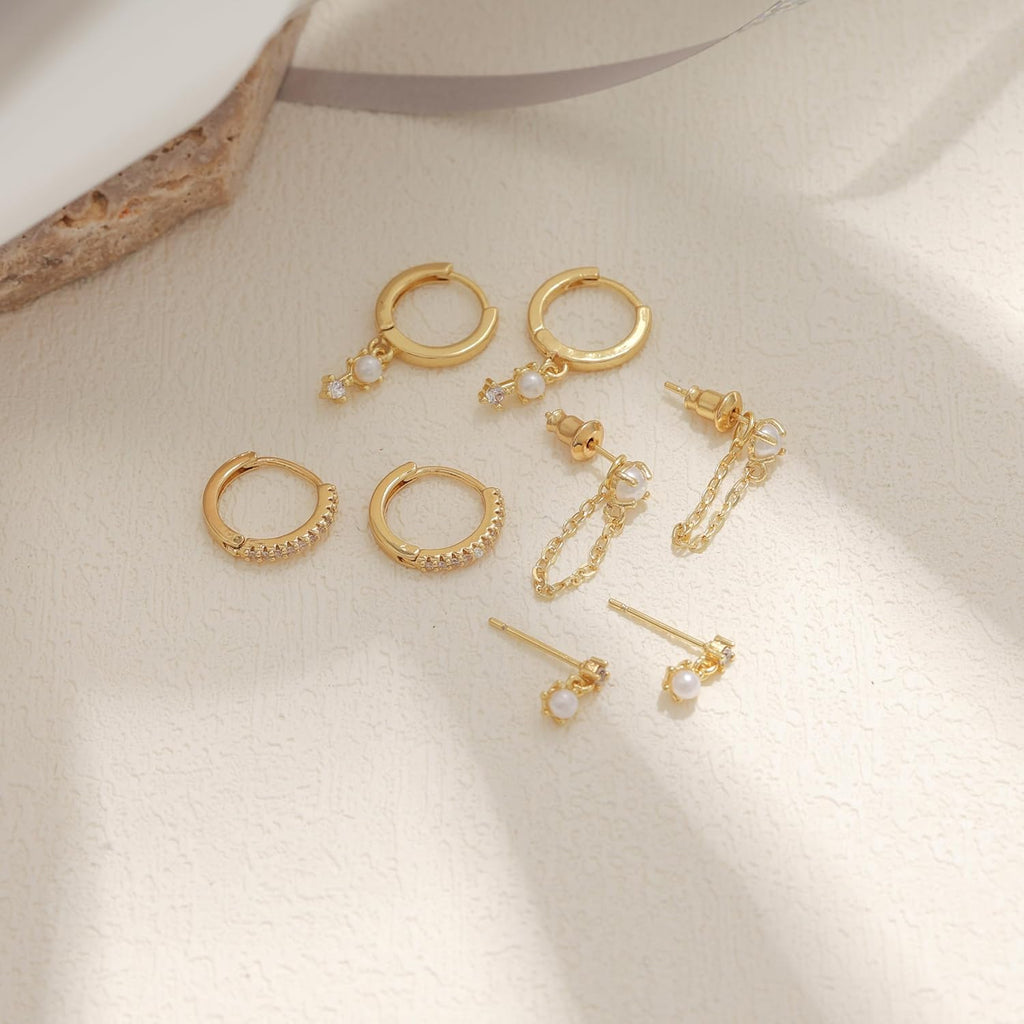 Gold Earrings for Women, 14k Gold Plated Dangle Huggie Earrings for Women Trendy Dainty Gold Hoop Earring Stacks Hypoallergenic Pearl Chain Drop Cartilage Earring Fashion Womens Jewelry