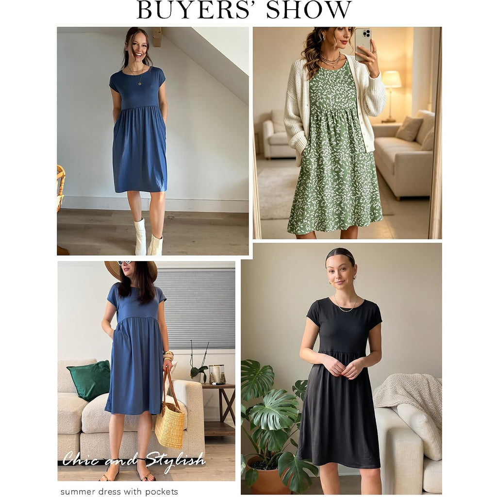 Auselily Women'S Summer Short Sleeve Knee-Length Dresses Round Neck Loose Dress With Pockets 2026 New