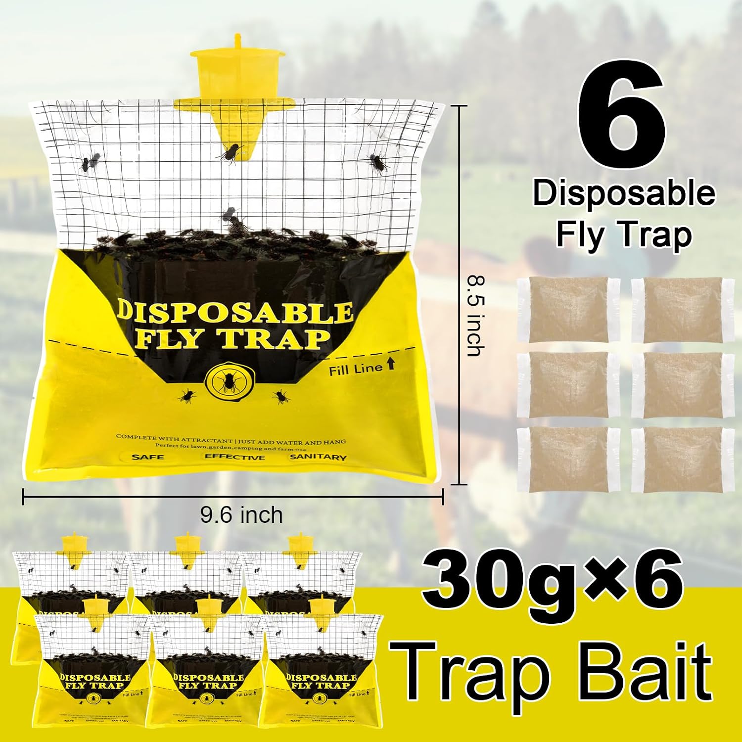 Fly Traps Outdoor With Bait, 6 Pcs Disposable Flies Control Bags For Farm
