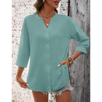 Lomon 3/4 Length Sleeve Womens Tops V Neck 3/4 Sleeve Sides Slit Button Down Shirts Cotton Linen Casual Loose Blouses
