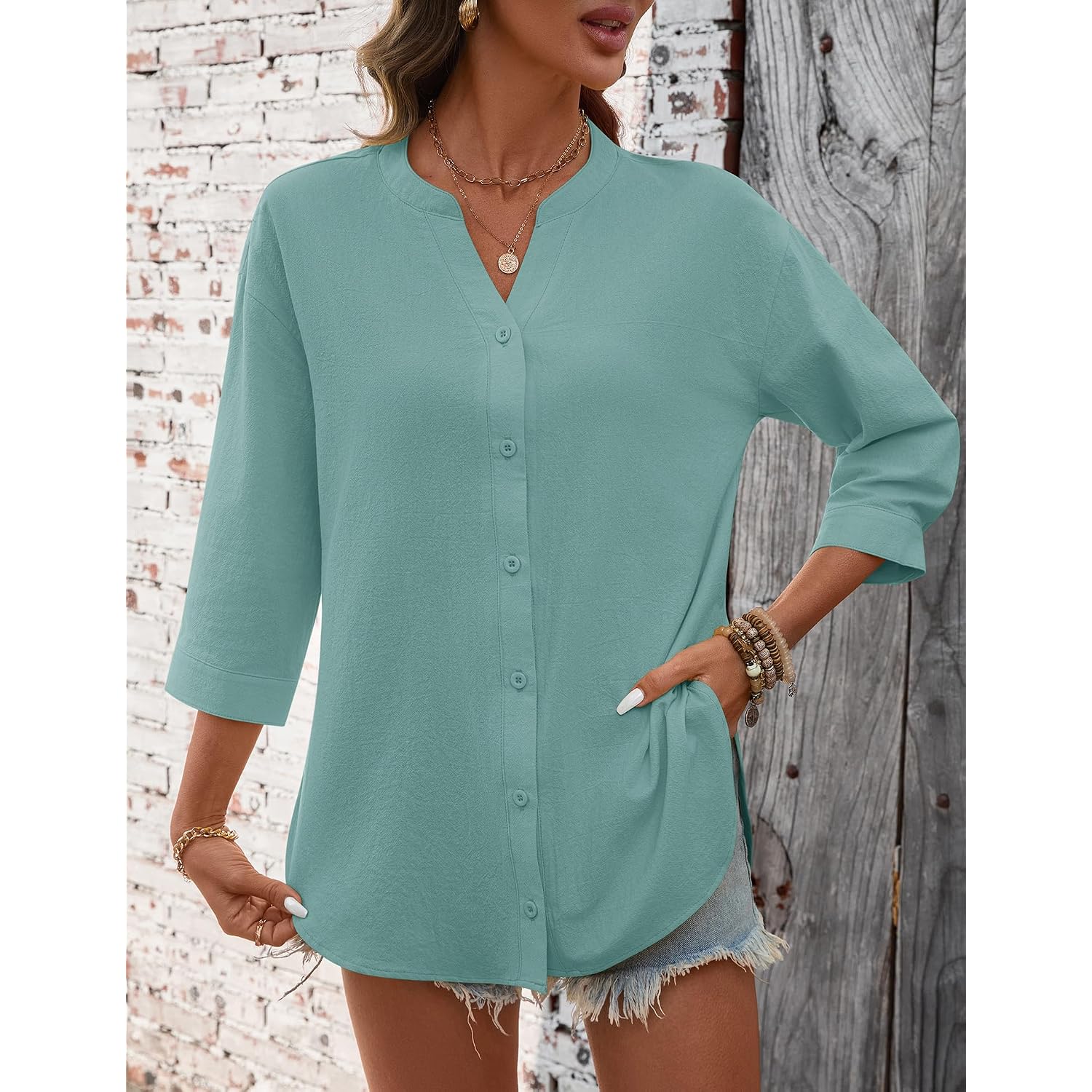 Lomon 3/4 Length Sleeve Womens Tops V Neck 3/4 Sleeve Sides Slit Button Down Shirts Cotton Linen Casual Loose Blouses