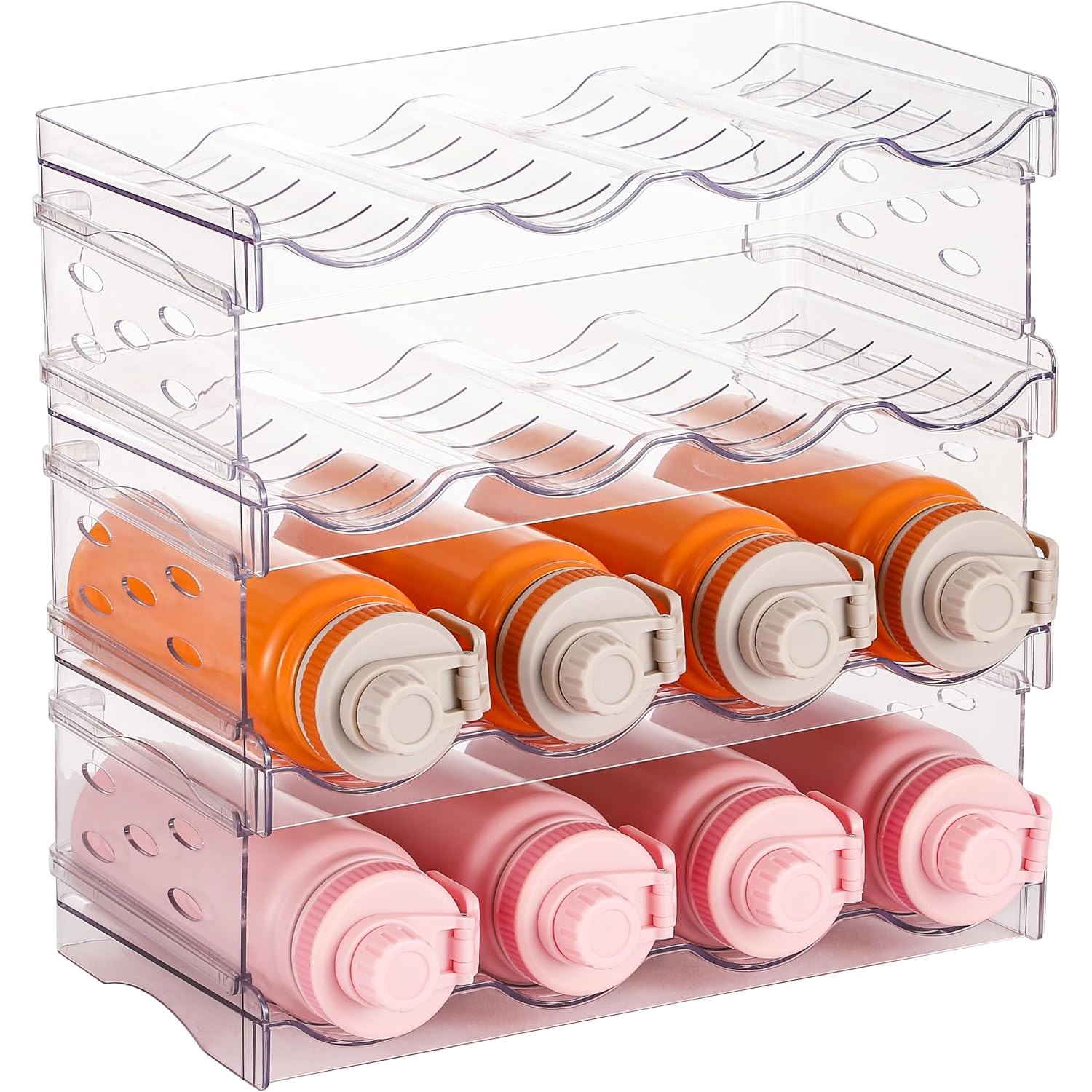 Plastic Stackable Bottle Storage Holder Rack Holds 16 Bottles,Free-Standing Water Bottle/Wine And Drink Organizer Shelf For Kitchen Cabinet,Fridge,Countertop,Pantry,Freezer,4 Packx4 Bottles,Clear