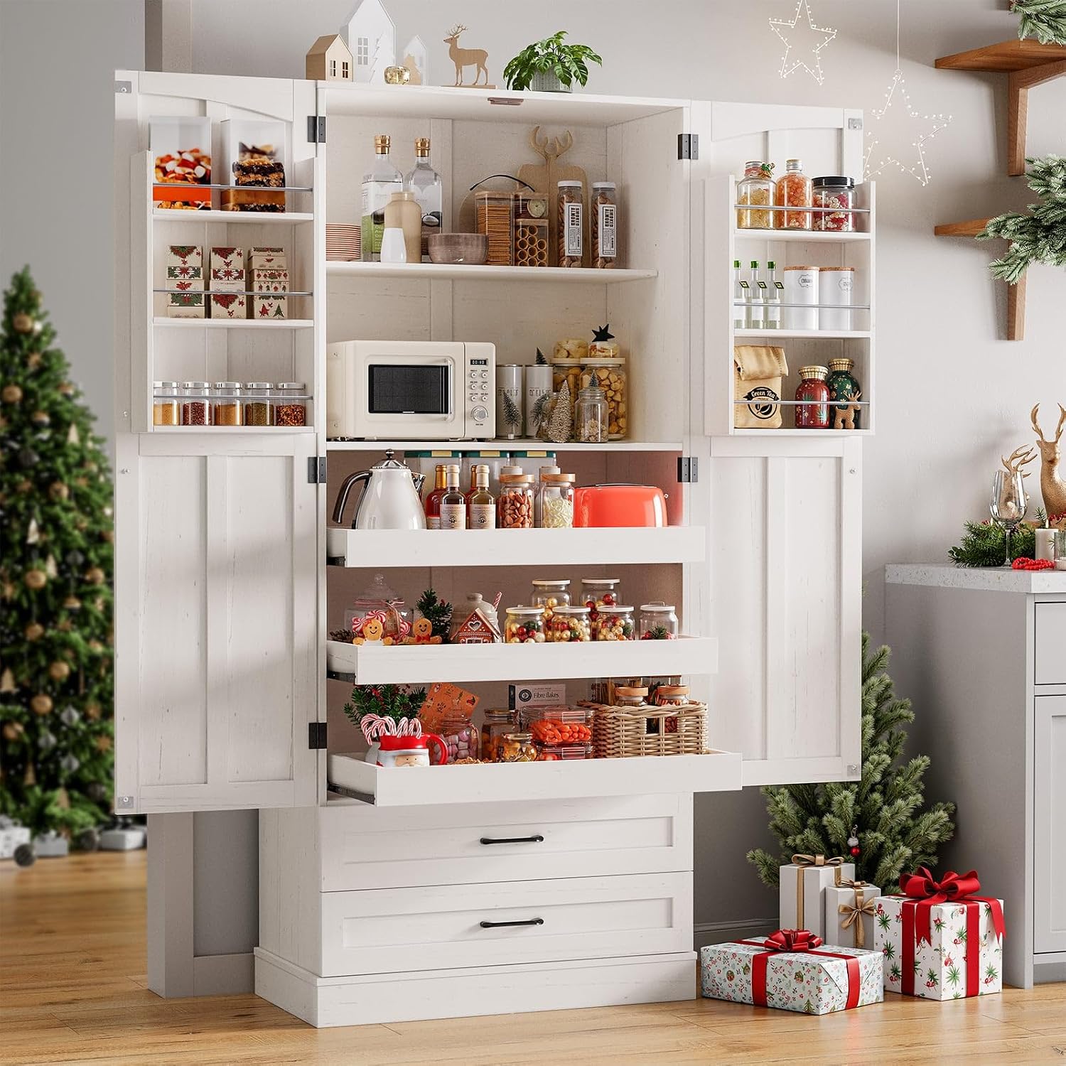 71" Tall Farmhouse Kitchen Pantry Cabinet With 3 Pull Out Shelves & 2 Large Drawers, Pantry Storage Cabinet With 6 Door Shelf & Adjustable Shelf, Freestanding Cupboard For Kitchen, Dining Room