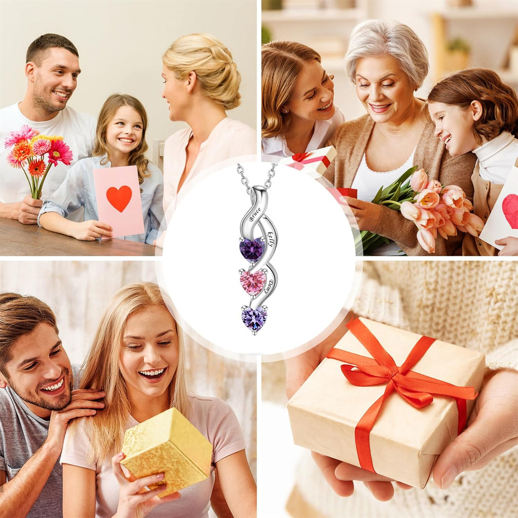 ORFAN Personalized Sterling Silver Mothers Name Necklace with 1-6 Simulated Birthstones Custom Heart Pendant Necklace Personalized Mom Necklace for Christmas