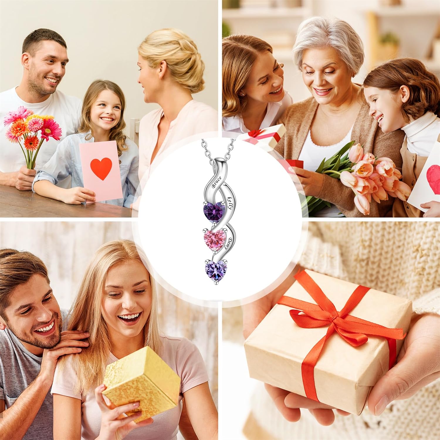 ORFAN Personalized Sterling Silver Mothers Name Necklace with 1-6 Simulated Birthstones Custom Heart Pendant Necklace Personalized Mom Necklace for Christmas