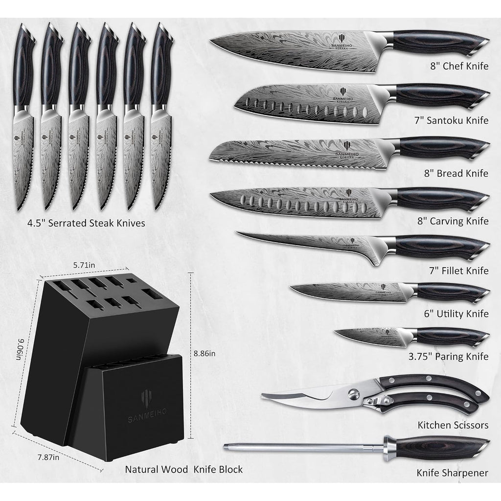 16 Pieces Knife Set, Knife Block Set In Powder Steel, Ultra Sharp Kitchen Knives Set, High Hardness Japanese Knife Set With Ergonomic Pakkawood Handle, Chef Knives Set For Kitchen Cooking